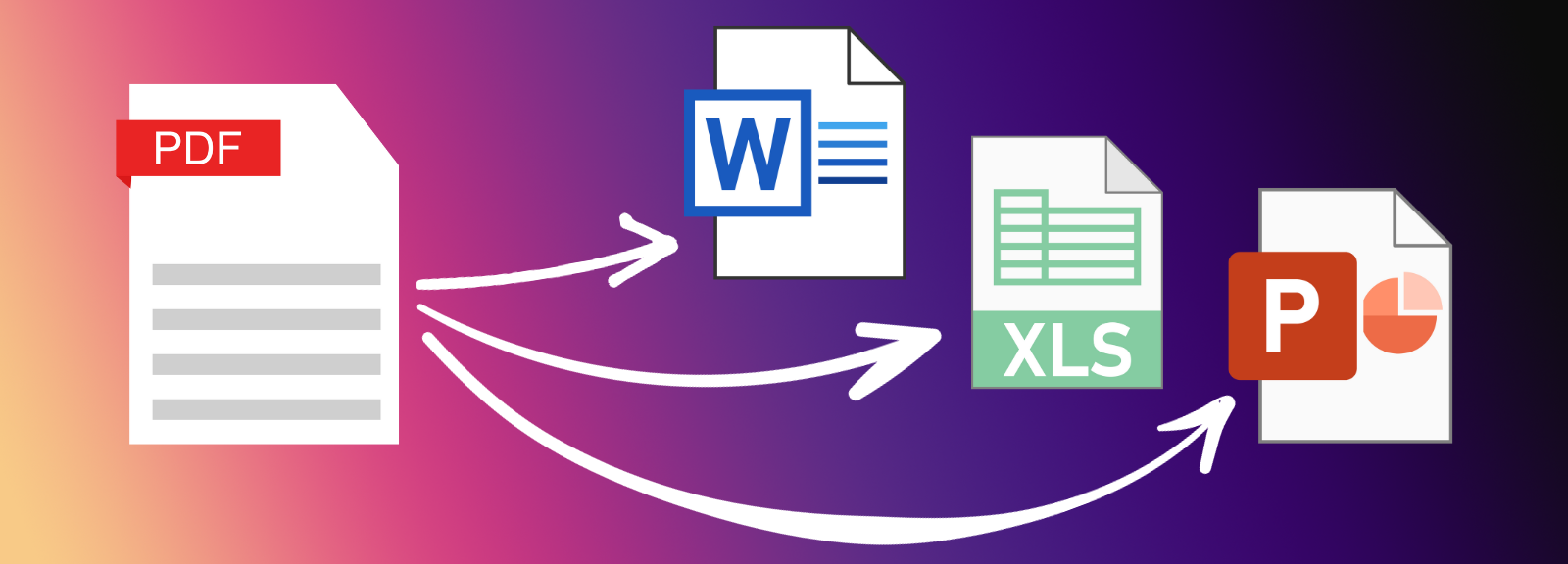 A PDF document leads to three separate Microsoft Office documents in Word, Excel, and PowerPoint formats