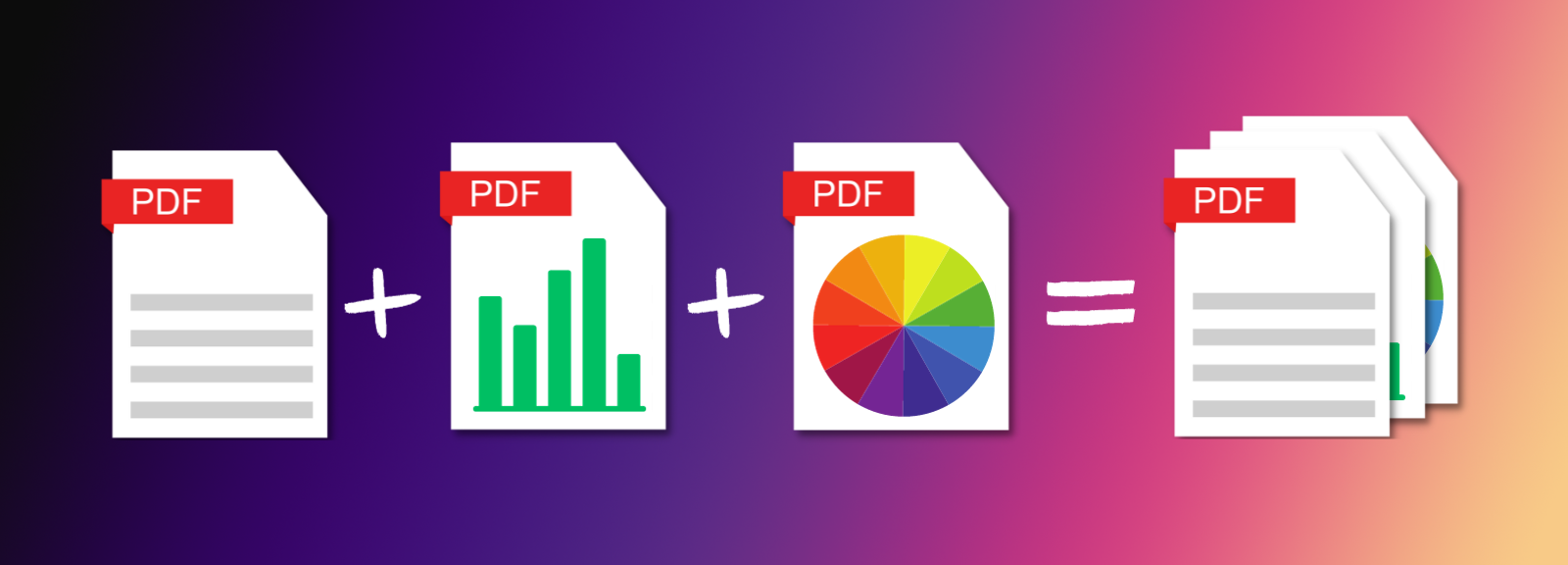 Three different PDF documents are added together to equal a new document where they are combined